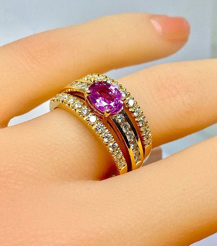 Bague 53 Bague bandeau en or jaune 18 carats avec saphir rose et diamants 58 Facettes AB631