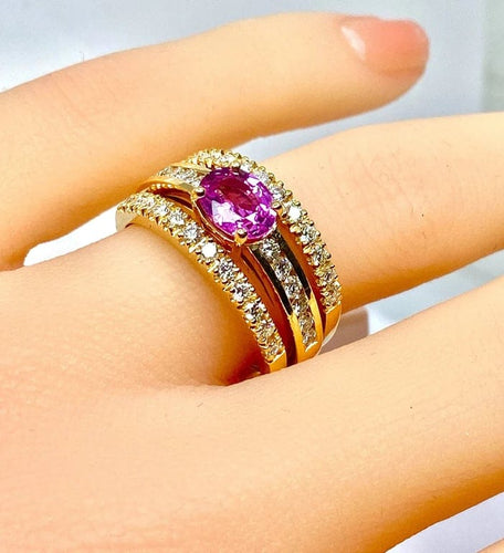 Bague 53 Bague bandeau en or jaune 18 carats avec saphir rose et diamants 58 Facettes AB631