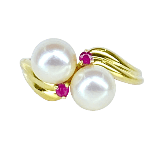Bague 51 Bague toi et moi en or jaune 18 carats, perles Akoya et rubis 58 Facettes AB648