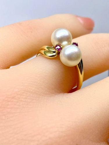 Bague 51 Bague toi et moi en or jaune 18 carats, perles Akoya et rubis 58 Facettes AB648