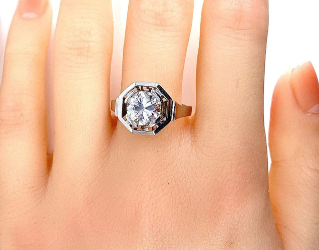 Bague 57 Bague Art déco octogonale en or blanc 18 carats et diamant 1,95 ct 58 Facettes AB654
