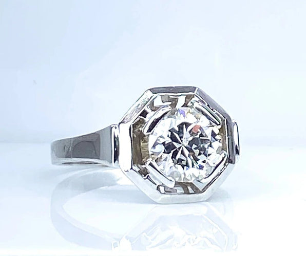 Bague 57 Bague Art déco octogonale en or blanc 18 carats et diamant 1,95 ct 58 Facettes AB654