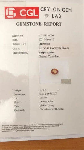 Gemstone Saphir padparadscha orange 1,10 ct ovale non chauffé avec certificat 58 Facettes 451