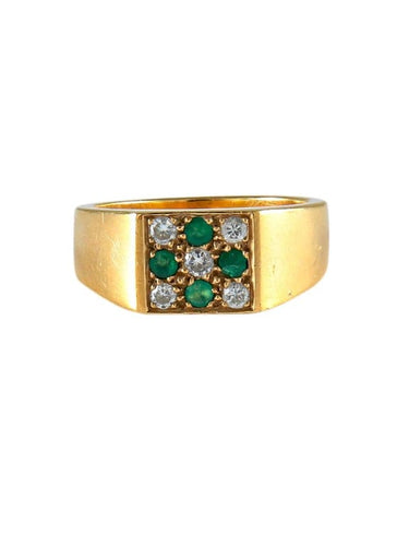 Bague 55.5 Chevalière en or jaune 18 carats avec émeraudes et diamants 58 Facettes
