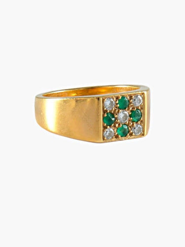 Bague 55.5 Chevalière en or jaune 18 carats avec émeraudes et diamants 58 Facettes
