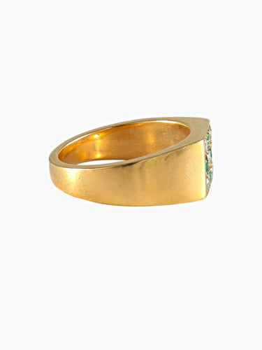 Bague 55.5 Chevalière en or jaune 18 carats avec émeraudes et diamants 58 Facettes
