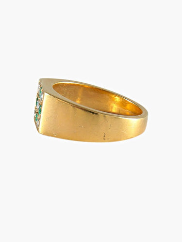 Bague 55.5 Chevalière en or jaune 18 carats avec émeraudes et diamants 58 Facettes