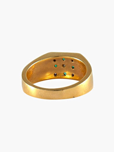Bague 55.5 Chevalière en or jaune 18 carats avec émeraudes et diamants 58 Facettes