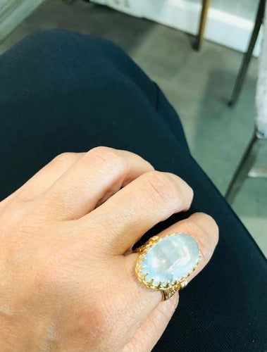 Bague 60 Bague ancienne en or jaune 18k avec aigue-marine cabochon 58 Facettes
