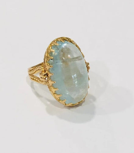 Bague 60 Bague ancienne en or jaune 18k avec aigue-marine cabochon 58 Facettes