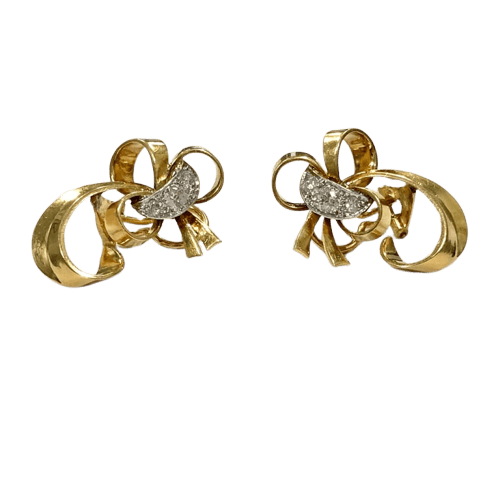 Boucles d'oreilles Boucles d’oreilles vintage nœuds en or jaune 18 k, platine et diamants 58 Facettes