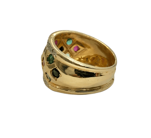 Bague 52 Bague jonc en or jaune 18K sertie d’émeraudes, rubis, saphirs et diamants 58 Facettes