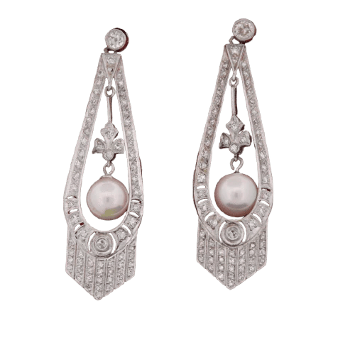 Boucles d'oreilles Boucles d’oreilles Art déco en or blanc 18 carats, perles Akoya et diamants 58 Facettes OR106