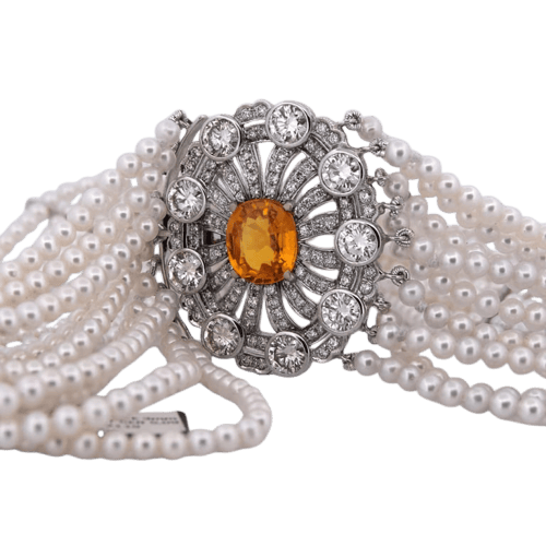 Collier Collier de perles avec médaillon en or blanc 18 carats, saphir et diamants 58 Facettes CL110