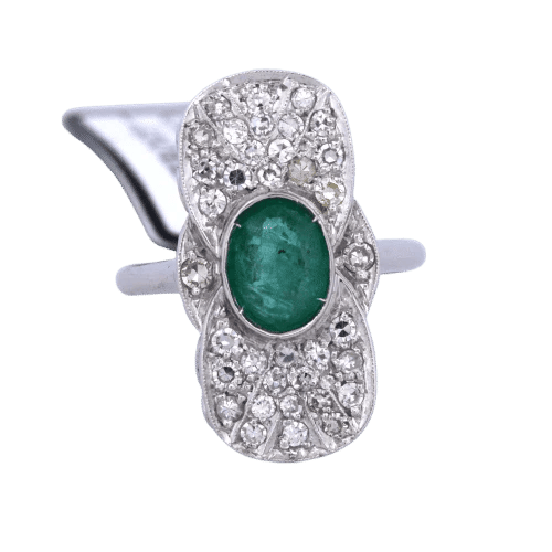 Bague 56 Bague style Art déco en or blanc 18 carats, émeraude et diamants 58 Facettes AN49