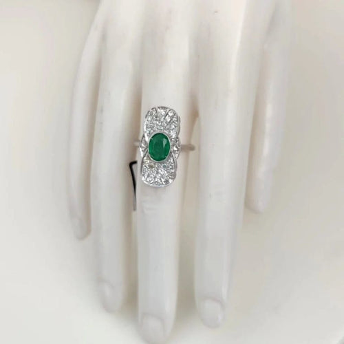 Bague 56 Bague style Art déco en or blanc 18 carats, émeraude et diamants 58 Facettes AN49