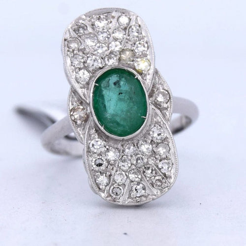 Bague 56 Bague style Art déco en or blanc 18 carats, émeraude et diamants 58 Facettes AN49