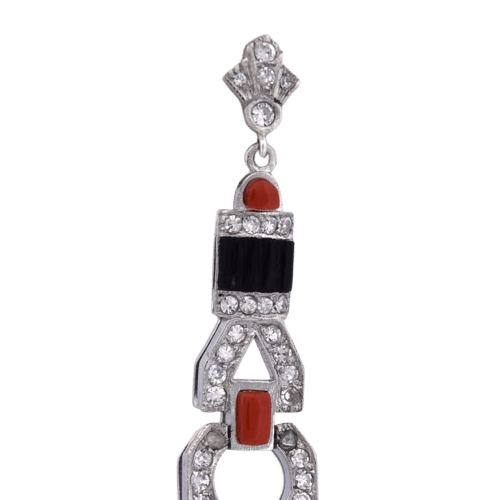 Boucles d'oreilles Art déco - Boucles d'oreilles en platine avec onyx, corail et diamants 1,50 ct 58 Facettes OR156