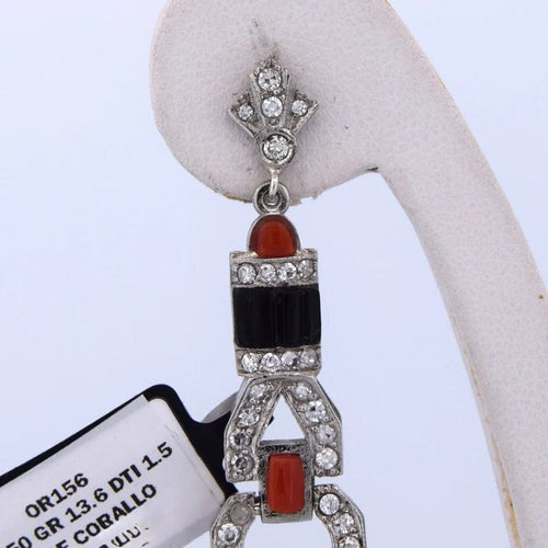 Boucles d'oreilles Art déco - Boucles d'oreilles en platine avec onyx, corail et diamants 1,50 ct 58 Facettes OR156