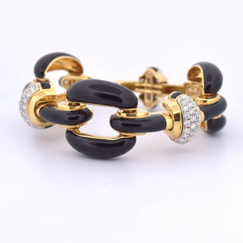 Bracelet David Webb - Bracelet à mailles en or jaune 18 carats, émail noir et diamants 58 Facettes BR112