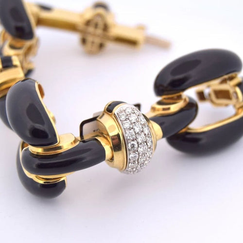Bracelet David Webb - Bracelet à mailles en or jaune 18 carats, émail noir et diamants 58 Facettes BR112