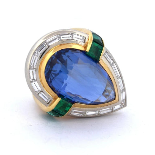 Bague 53 Bague vintage en or jaune 18 carats avec saphir, émeraudes et diamants 58 Facettes AN511
