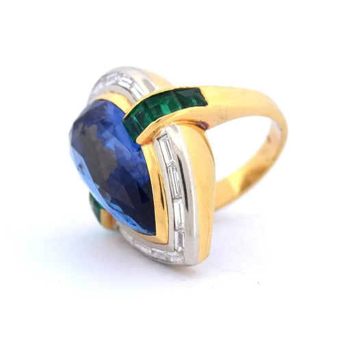 Bague 53 Bague vintage en or jaune 18 carats avec saphir, émeraudes et diamants 58 Facettes AN511