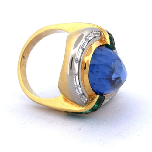 Bague 53 Bague vintage en or jaune 18 carats avec saphir, émeraudes et diamants 58 Facettes AN511