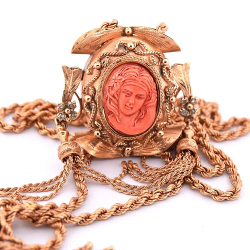 Collier Collier ancien - Camée en corail en or 14 carats et diamants 58 Facettes CL115