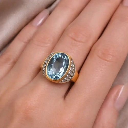 Bague 55 Bague vintage en or jaune 18 carats avec aigue-marine et diamants 58 Facettes AN501