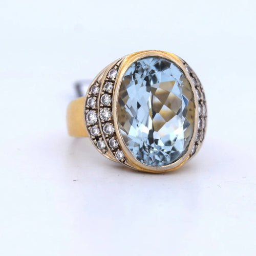 Bague 55 Bague vintage en or jaune 18 carats avec aigue-marine et diamants 58 Facettes AN501