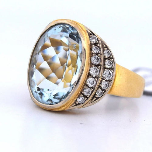 Bague 55 Bague vintage en or jaune 18 carats avec aigue-marine et diamants 58 Facettes AN501