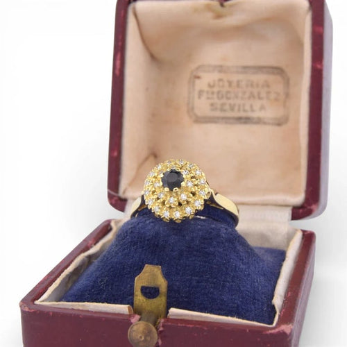 Bague 55 Bague vintage - Halo en or jaune 18 carats, saphir et diamants 58 Facettes AN486