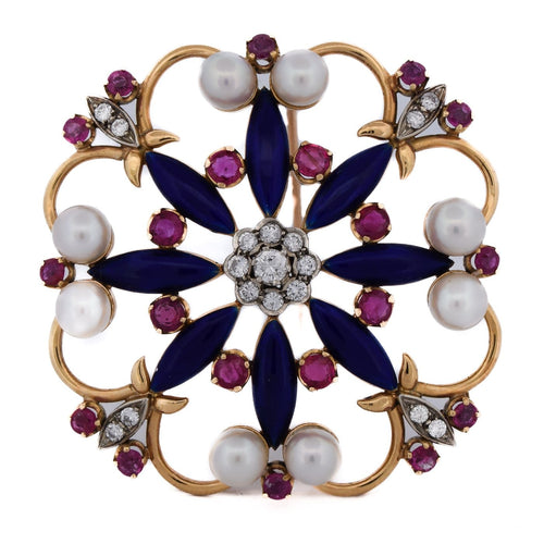 Broche Spilla vintage - Motif floral en or jaune 18 ct avec perles, rubis et diamants 58 Facettes SP15 '(05329)