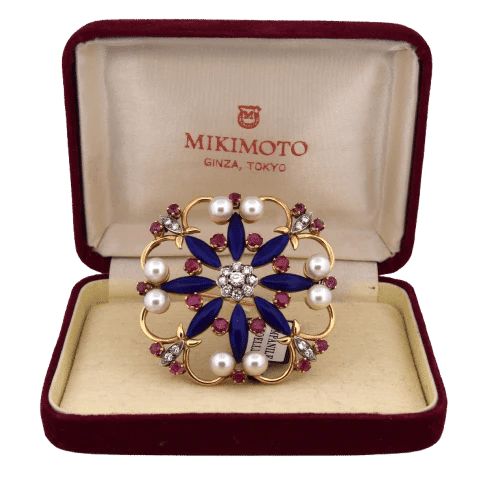 Broche Spilla vintage - Motif floral en or jaune 18 ct avec perles, rubis et diamants 58 Facettes SP15 '(05329)