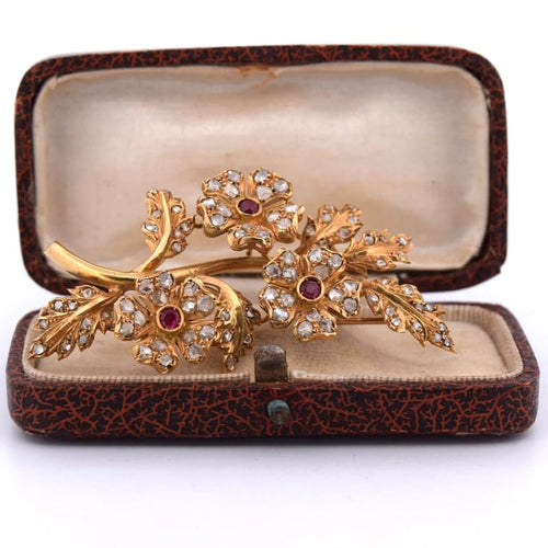 Broche Broche vintage en or jaune 18 carats avec rubis et diamants 58 Facettes SP18 (00229)