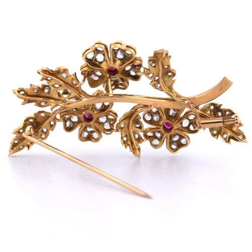 Broche Broche vintage en or jaune 18 carats avec rubis et diamants 58 Facettes SP18 (00229)