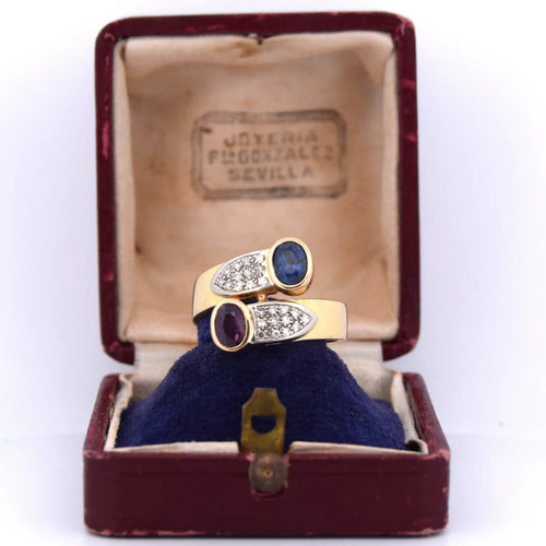 Bague 54 Bague vintage - Bypass en or 18 kt avec rubis, saphir et diamants 58 Facettes AN24 '(00019)