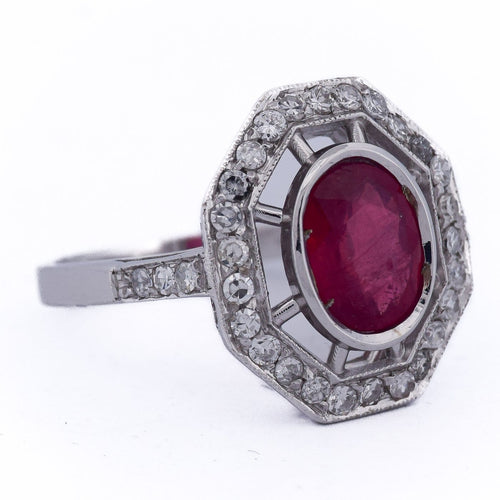 Bague 54 Bague Art déco en or blanc 18 Kt avec rubis et diamants 58 Facettes AN107 (0589)