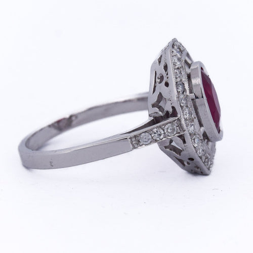 Bague 54 Bague Art déco en or blanc 18 Kt avec rubis et diamants 58 Facettes AN107 (0589)