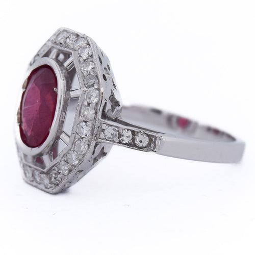 Bague 54 Bague Art déco en or blanc 18 Kt avec rubis et diamants 58 Facettes AN107 (0589)