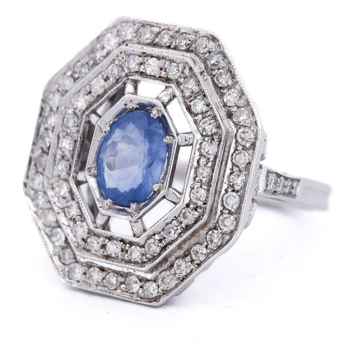 Bague 54 Bague Art déco en or blanc 18 carats, saphir et diamants 58 Facettes AN109 '(00019)