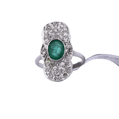 Bague 56 Bague Art déco en or blanc 18 carats avec émeraude et diamants 58 Facettes