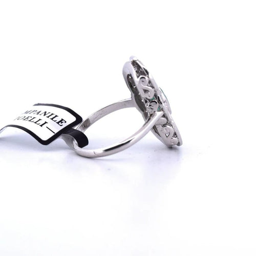Bague 56 Bague Art déco en or blanc 18 carats avec émeraude et diamants 58 Facettes