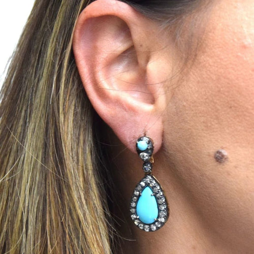 Boucles d'oreilles Boucles d'oreilles en or 14 carats et argent avec turquoises et diamants 58 Facettes OR72