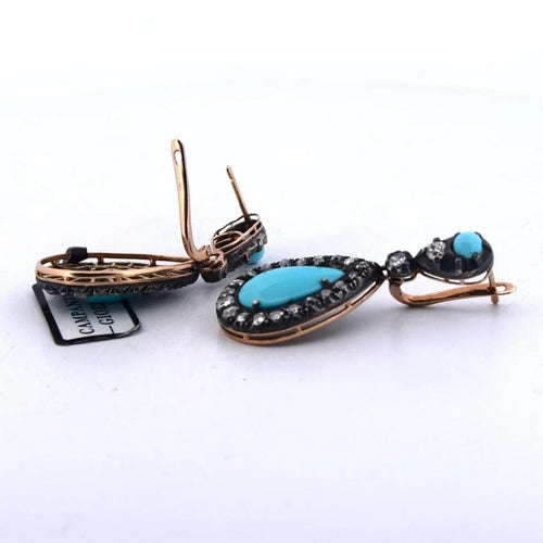 Boucles d'oreilles Boucles d'oreilles en or 14 carats et argent avec turquoises et diamants 58 Facettes OR72