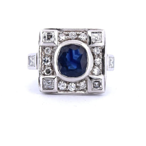 Bague 54 Bague Art déco en or blanc 18 carats avec saphir et diamants 58 Facettes