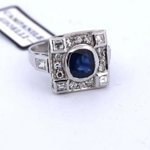 Bague 54 Bague Art déco en or blanc 18 carats avec saphir et diamants 58 Facettes