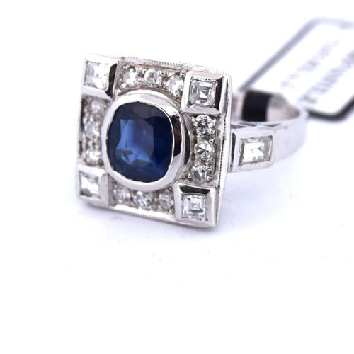 Bague 54 Bague Art déco en or blanc 18 carats avec saphir et diamants 58 Facettes