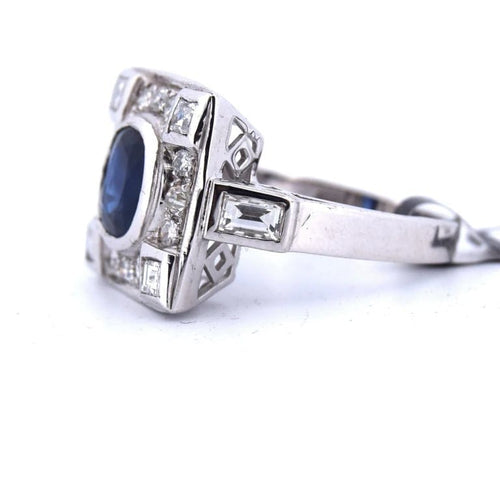 Bague 54 Bague Art déco en or blanc 18 carats avec saphir et diamants 58 Facettes
